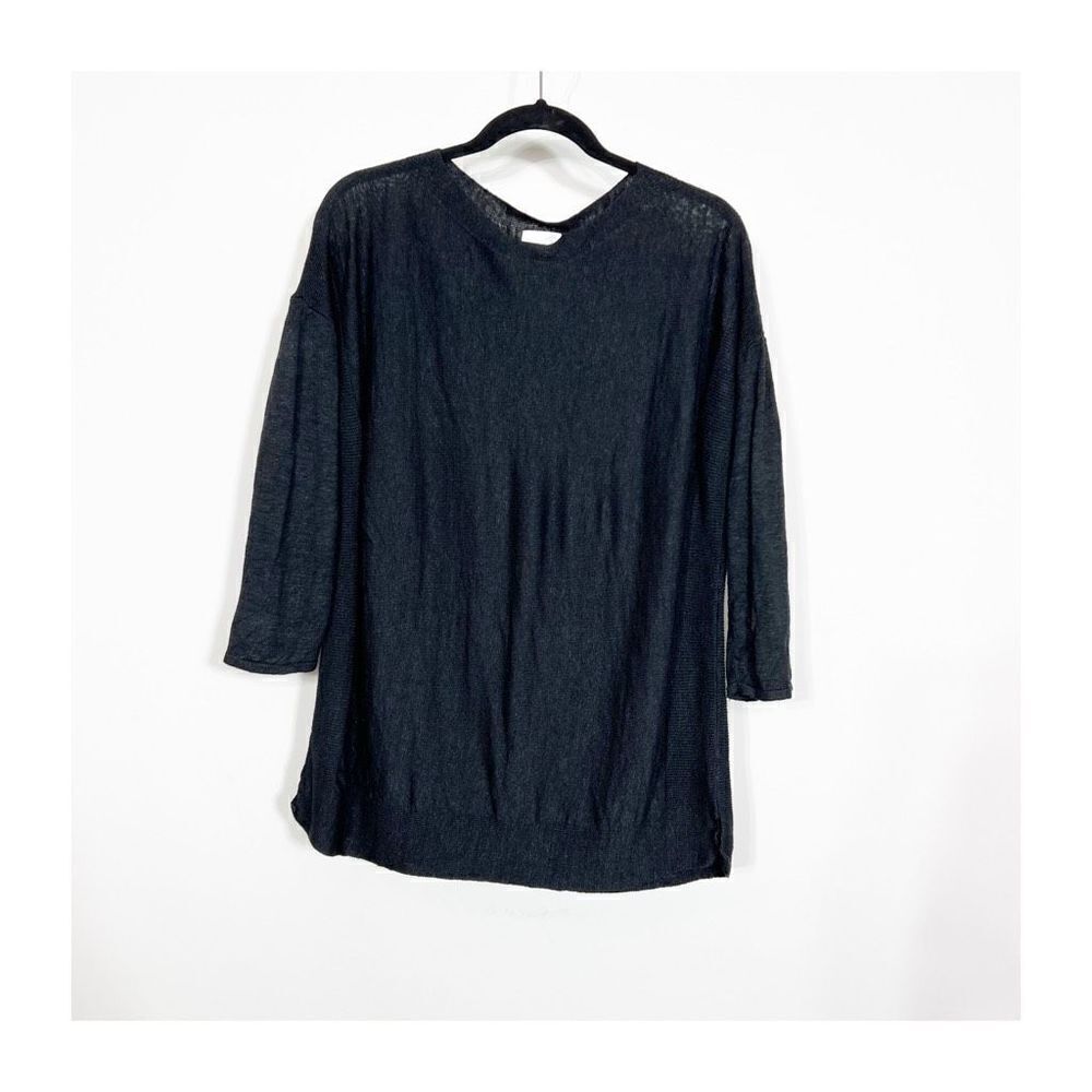 J Jill Top Blouse Sweater Linen Blend 3/4 Sleeve Pullover Lightweight Black Wome